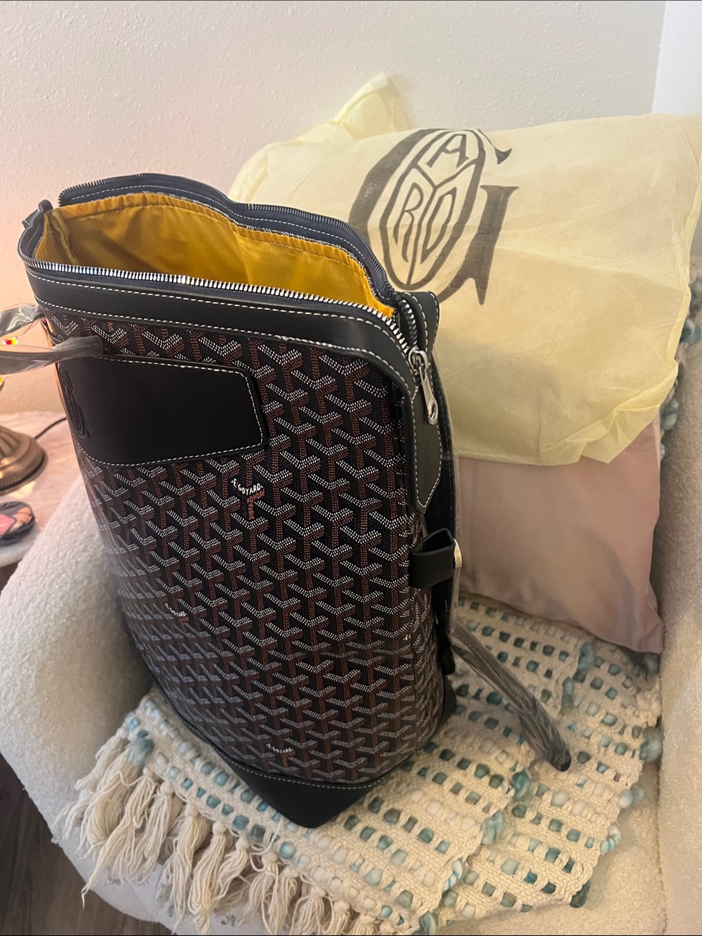 INSPIRED Brown chevron Patterned Backpack w/ dark Navy trim & Yellow lining. - Picture 6 of 8